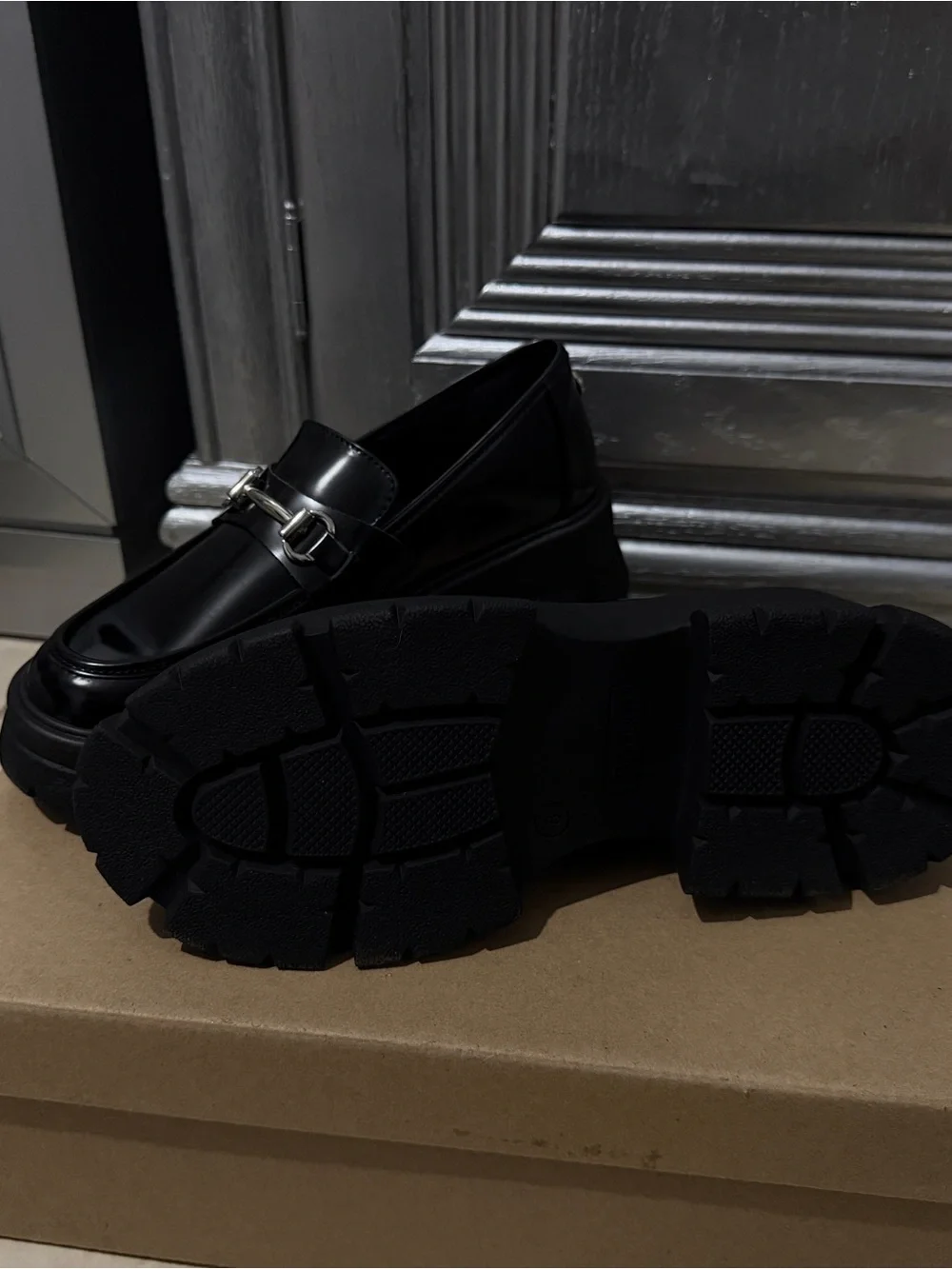 Steve Madden Black Chunky Leather Loafers with Silver Hardware
